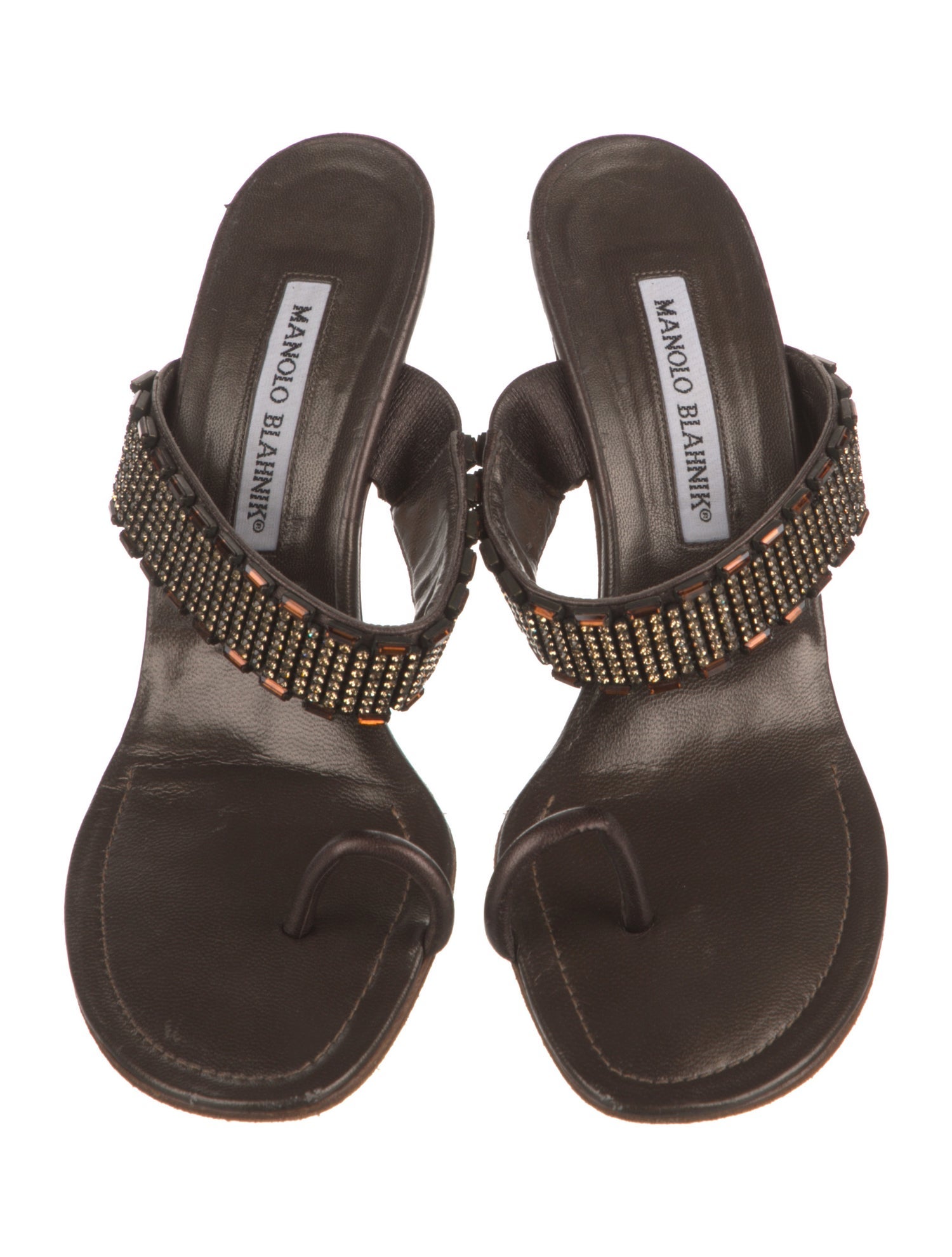 Manolo Blahnik Leather Crystal Embellishments Slides